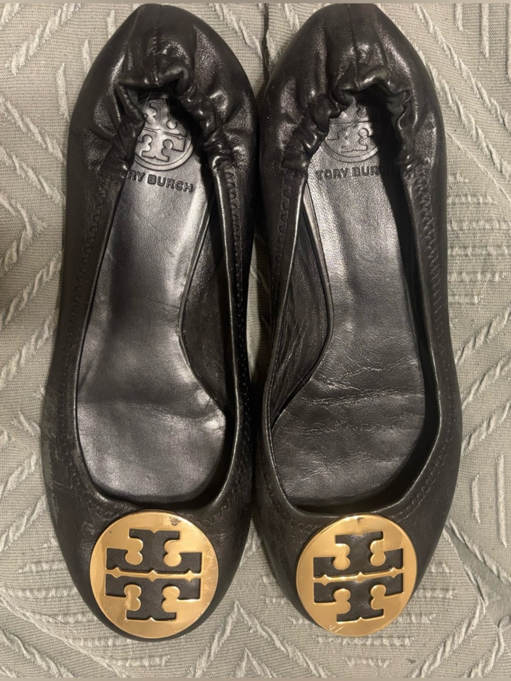 Tory Burch Black Leather Ballet Flats with Gold Logo Medallions